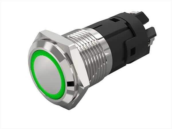 ﻿82-6552.11X4.1081, Pushbutton Switch, 22mm, Aluminium Black Anodized, Screw, ON-MOM, Ring, Green/Yellow, SPDT, IP65/67, Panel Mount